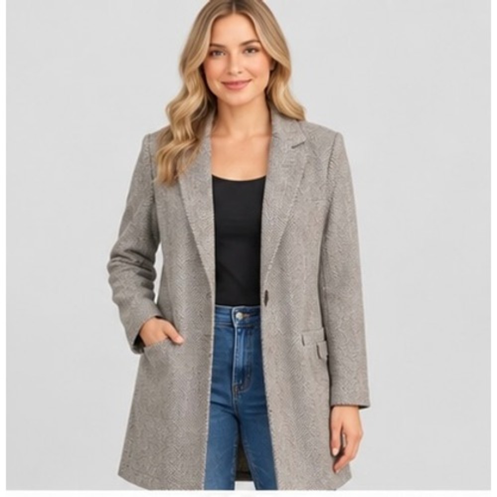Angashion Women L Gray Herringbone Coat Longline Open Front Office Siren Zipper
